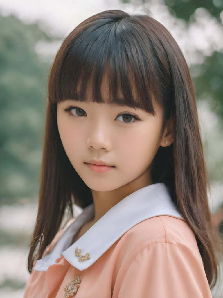 very cute 13 years old girl, Korean styled bangs, chibi looks, realistic detailed hair, realistic amber eyes, looks at the camera, detailed face, portrait shot
