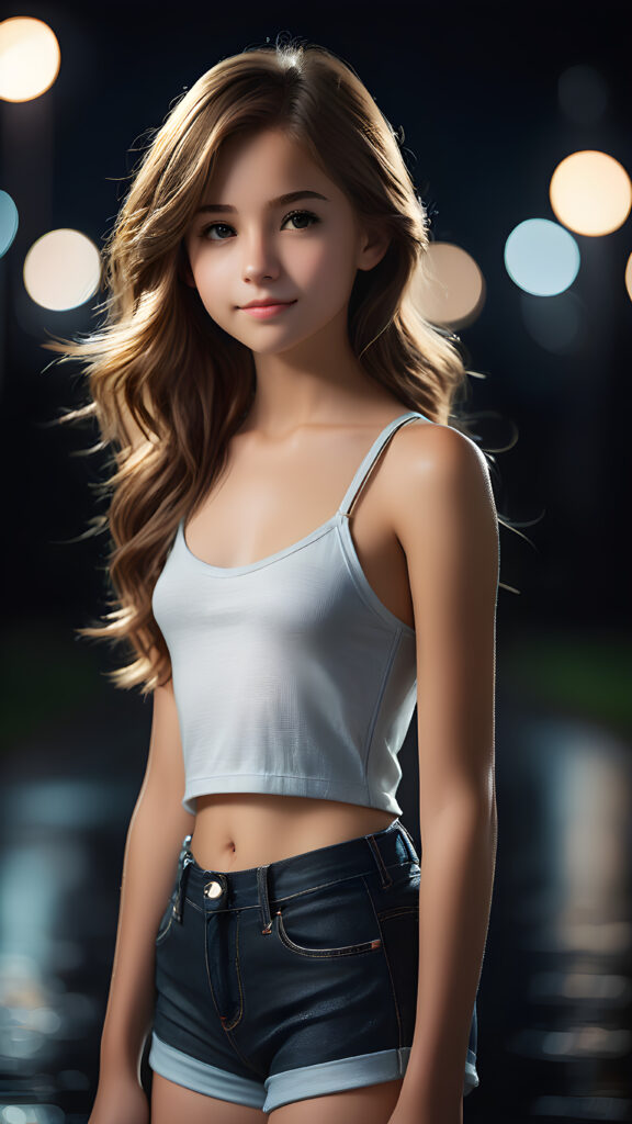 ((realistic and detailed portrait)) a thin dressed teen girl in hot pants, black background, faint moonlight illuminates the picture. There is a peaceful, pleasant atmosphere.