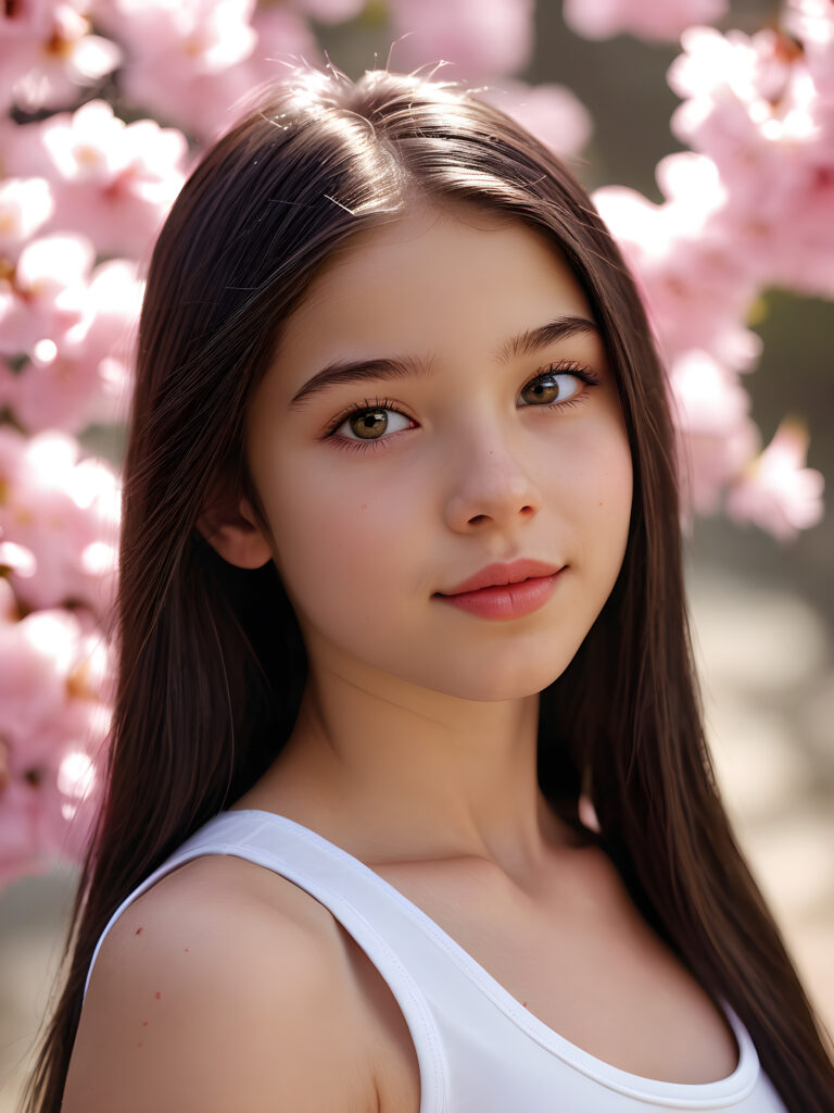 realistic and detailed portrait: a (((super cute teen girl, 15 years old, captured in upper body view))), ((flawless beautiful soft skin)), (((black soft sleek straight long hair))), angelic round face with full lips, emoting joy, framed in a side profile portrait shot against a (((cherry blossom))), with perfect anatomics and curved body, wears a (((super short thin white crop tank top))), ((side view))