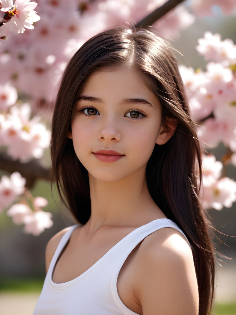realistic and detailed portrait: a (((super cute teen girl, 15 years old, captured in upper body view))), ((flawless beautiful soft skin)), (((black soft sleek straight long hair))), angelic round face with full lips, emoting joy, framed in a side profile portrait shot against a (((cherry blossom))), with perfect anatomics and curved body, wears a (((super short thin white crop tank top))), ((side view))