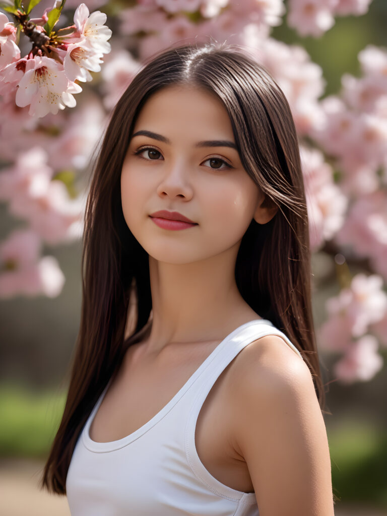 a (((super cute teen girl, 15 years old, captured in an upper body view))), with flawlessly beautiful (((soft, slightly rosy skin))), and (((long, sleek, luxurious black hair))), exuding pure happiness, framed in a (((side profile portrait))) that captures every intricate detail, from her serene, angelic features to the delicate petals of a (((cherry blossom))), with a (((super short, thin, white crop tank top))), (((side view)))