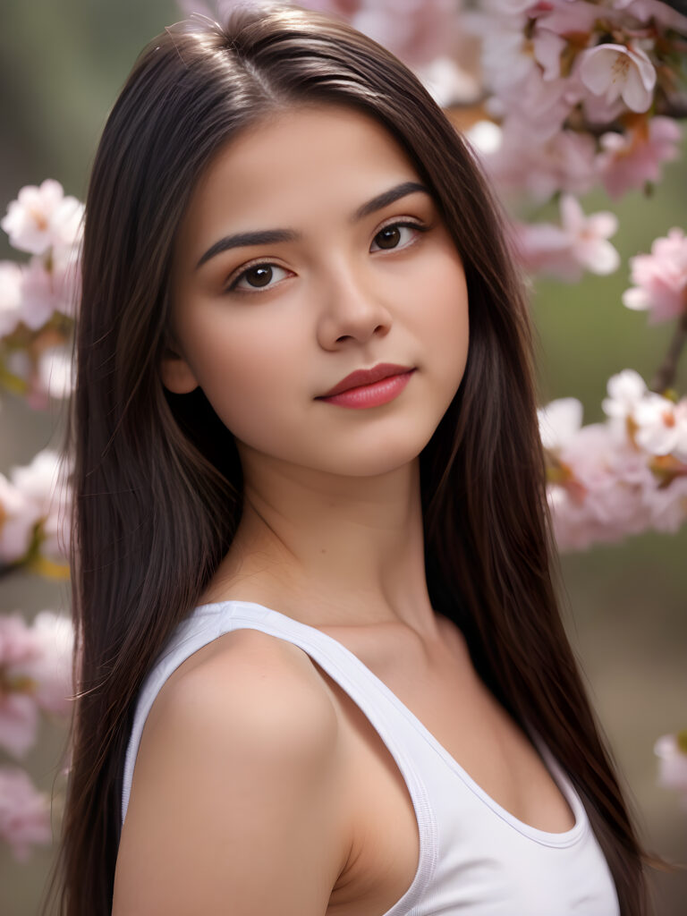 a (((super cute teen girl, 15 years old, captured in an upper body view))), with flawlessly beautiful (((soft, slightly rosy skin))), and (((long, sleek, luxurious black hair))), exuding pure happiness, framed in a (((side profile portrait))) that captures every intricate detail, from her serene, angelic features to the delicate petals of a (((cherry blossom))), with a (((super short, thin, white crop tank top))), (((side view)))