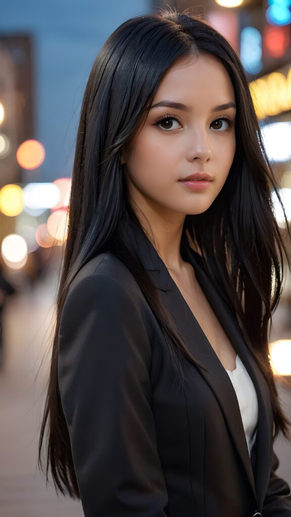 realistic and detailed photo: a (((girl with very long, sleek straight black hair))), dressed in black, thin suit