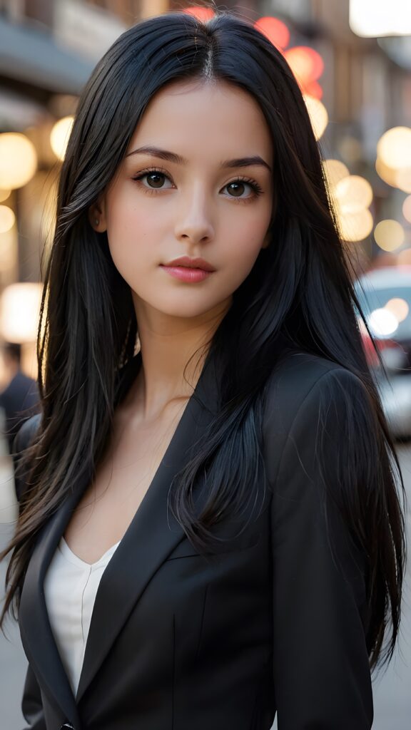 realistic and detailed photo: a (((girl with very long, sleek straight black hair))), dressed in black, thin suit