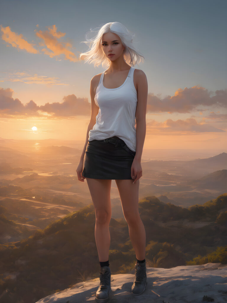 realistic, cinematic lights, very cute teen girl, standing on the hill, overlooking the sky, bangs haircut, detailed long straight (white) hair, realistic detailed angelic face, perfect curved, wears a super short tight tank top, super short round mini skirt, perfect anatomy, side perspective, sunset in the background