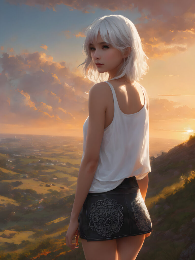 realistic, cinematic lights, very cute teen girl, standing on the hill, overlooking the sky, bangs haircut, detailed long straight (white) hair, realistic detailed angelic face, perfect curved, wears a super short tight tank top, super short round mini skirt, perfect anatomy, side perspective, sunset in the background