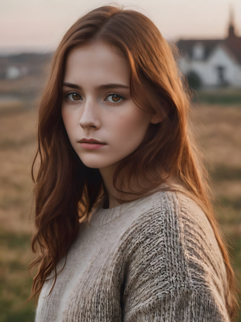 ((realistic photo)) a young very sad girl stands in front of the viewer and asks him to love her, she has long straight auburn hair, brown eyes, round face, wears a checked wool sweater.