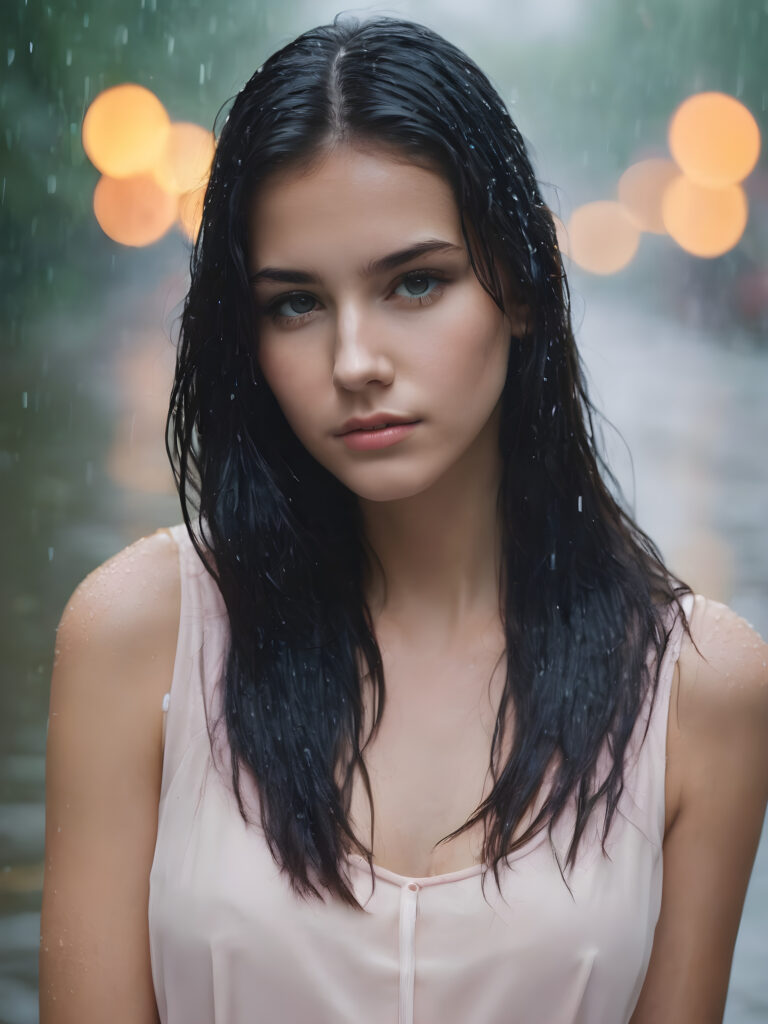((realistic photo)) upper-body, heavy rain, cute teen girl with straight long wet black straight hairs waiting