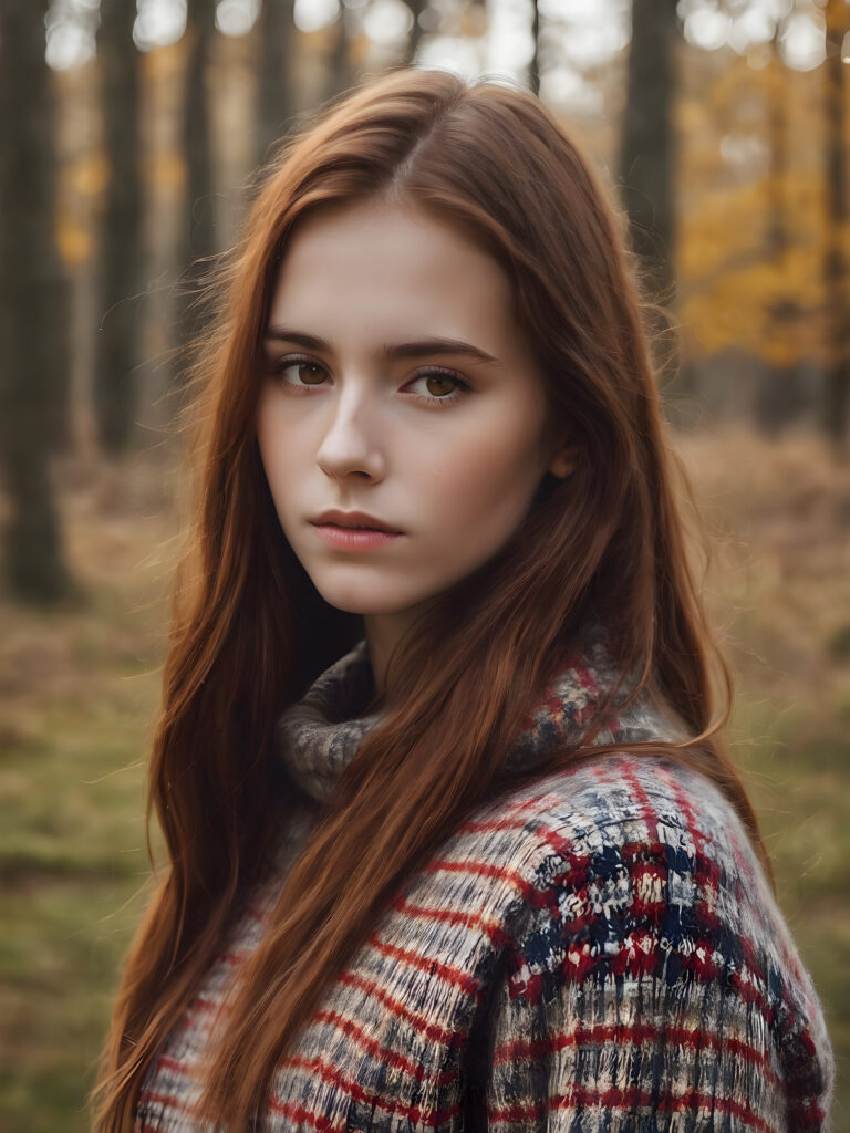 ((realistic photo)) a young very sad girl stands in front of the viewer and asks him to love her, she has long straight auburn hair, brown eyes, round face, wears a checked wool sweater.