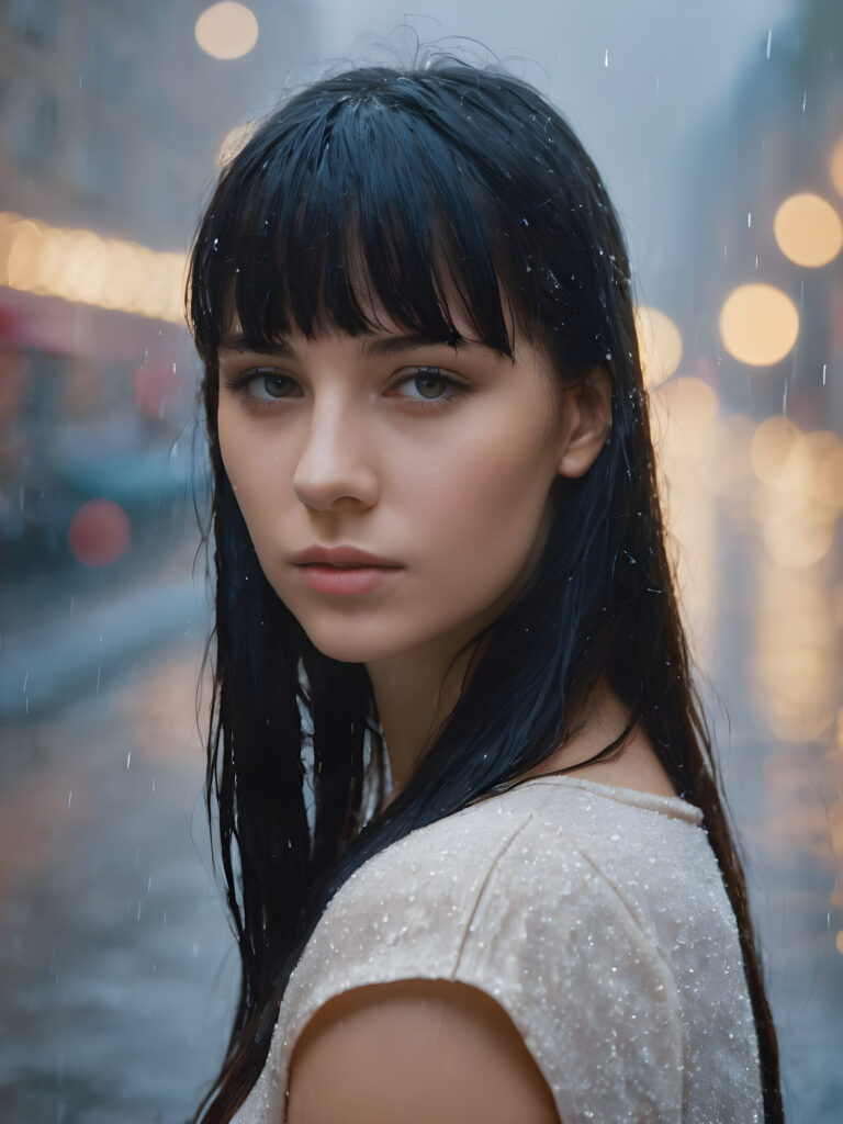 ((realistic photo)) upper-body, heavy rain, cute teen girl with straight long wet black straight hairs waiting