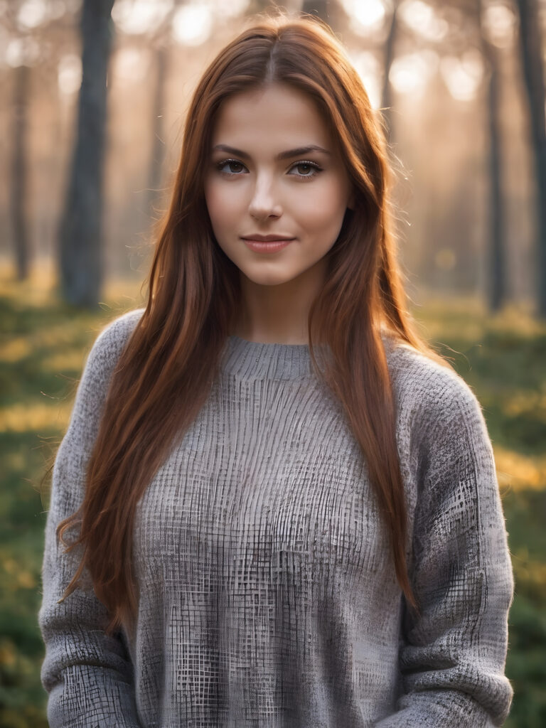 ((realistic photo)) a young very lucky girl with warm smile, stands in front of the viewer and asks him to love her, she has long straight auburn hair, brown eyes, round face, wears a checked wool sweater.