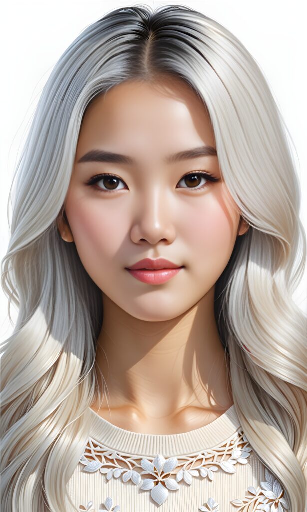 realistic and detailed portrait of a young, pretty Asian teen girl with white hair
