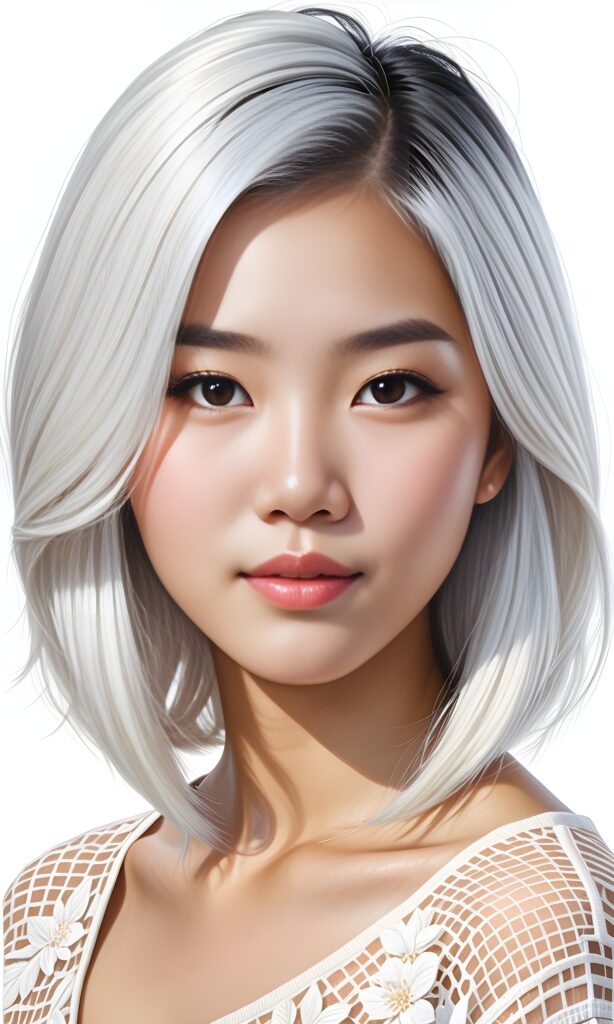 realistic and detailed portrait of a young, pretty Asian teen girl with white hair