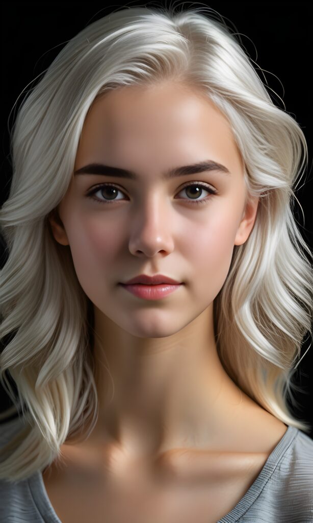 realistic and detailed portrait of a young, pretty teen girl with white hair, black background, weak light illuminates the girl a little.
