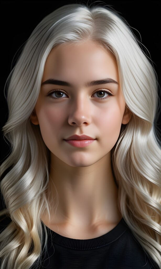 realistic and detailed portrait of a young, pretty teen girl with white hair, black background, weak light illuminates the girl a little.