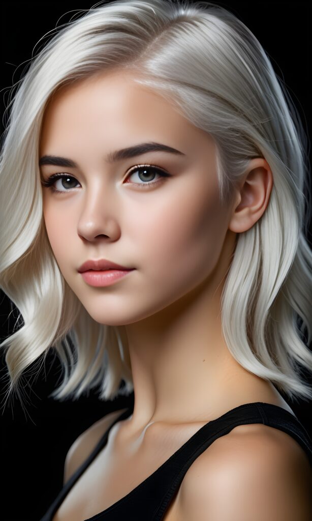 realistic and detailed portrait of a young, pretty teen girl with white hair, black background, weak light illuminates the girl a little, side view