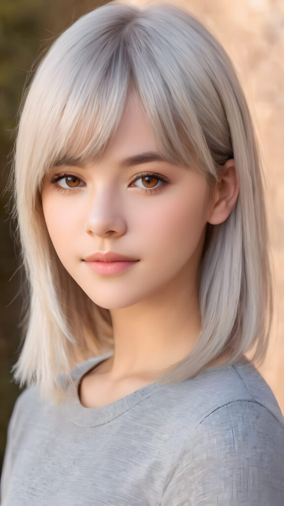 ((upper body)) of ((cute)) ((attractive)) ((gorgeous)) ((stunning)) a beautifully realistic, cinematic lights, teen girl, 13 years old, bangs haircut, detailed straight (platinum white) hair, realistic detailed round face, ((realistic detailed brown eye)) looks at the camera, warm smile, perfect curved, wears a super short tight (grey shirt), perfect anatomy, side perspective