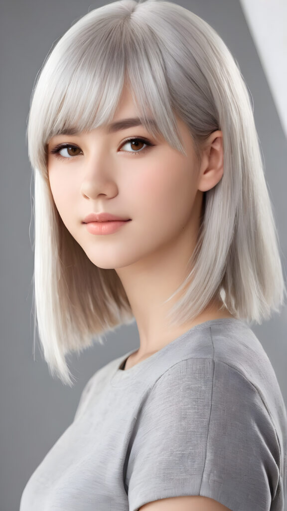 ((upper body)) of ((cute)) ((attractive)) ((gorgeous)) ((stunning)) a beautifully realistic, cinematic lights, teen girl, 13 years old, bangs haircut, detailed straight (platinum white) hair, realistic detailed round face, ((realistic detailed brown eye)) looks at the camera, warm smile, perfect curved, wears a super short tight (grey shirt), perfect anatomy, side perspective