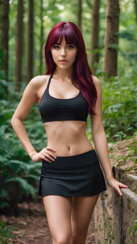 (((full body))) (((stunning))) (((gorgeous))) detailed, 4k, very young and pretty teen girl, long (straight, color) hair, (+ bangs cut), (exotic) face. forest can be seen in the background. the girl wears an (+ attribut) super very short white tight bikini, very short mini skirt, perfect curved body, fit body, (((casual garments)))