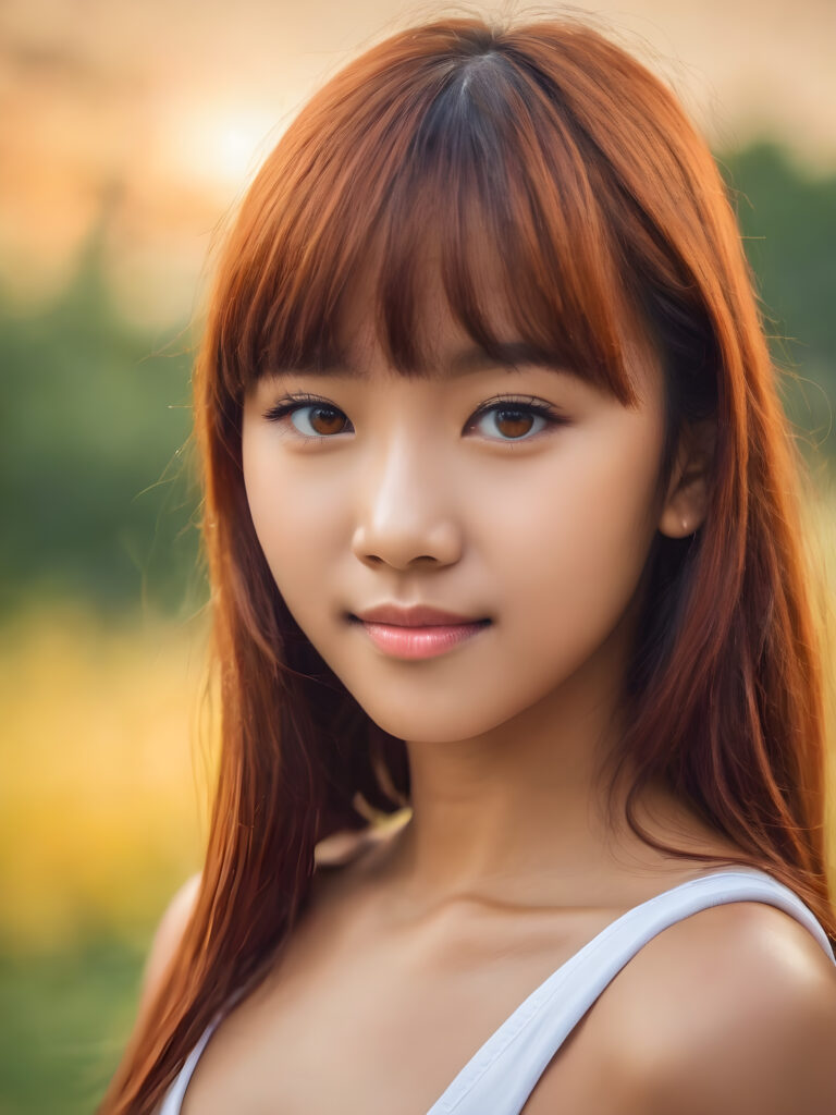 ultra detailed, hyper realistic 8k dynamic photography of very cute 16 years old Filipino girl, Korean styled bangs, orange detailed straight full hair, detailed eyes, looks happy at the camera, portrait shot, perfect curved body, only white short tight bikini, cinematic lights, empty background