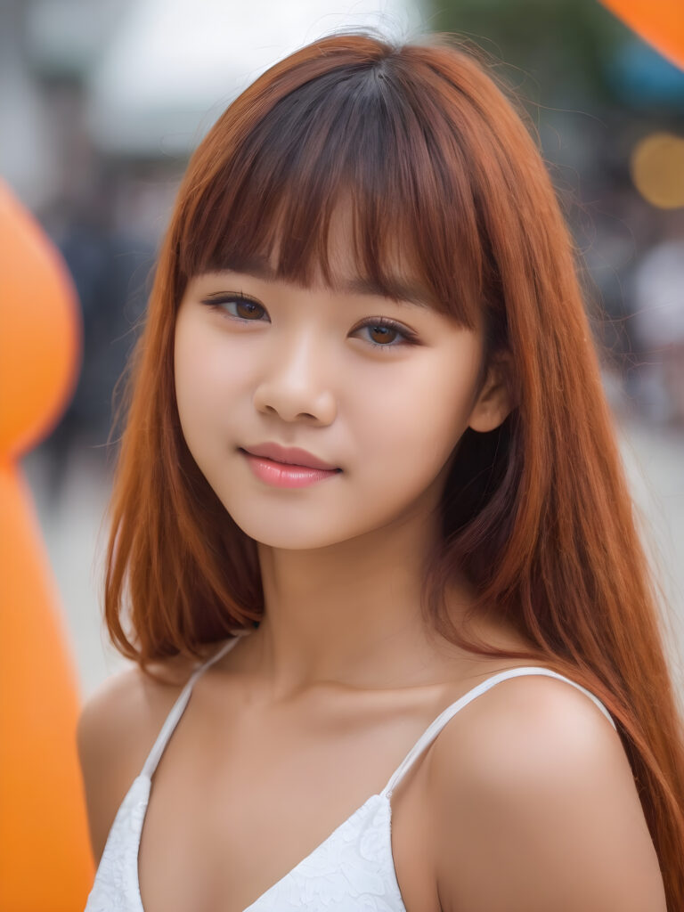 ultra detailed, hyper realistic 8k dynamic photography of very cute 16 years old Filipino girl, Korean styled bangs, orange detailed straight full hair, detailed eyes, looks happy at the camera, portrait shot, perfect curved body, only white short tight bikini, cinematic lights, empty background