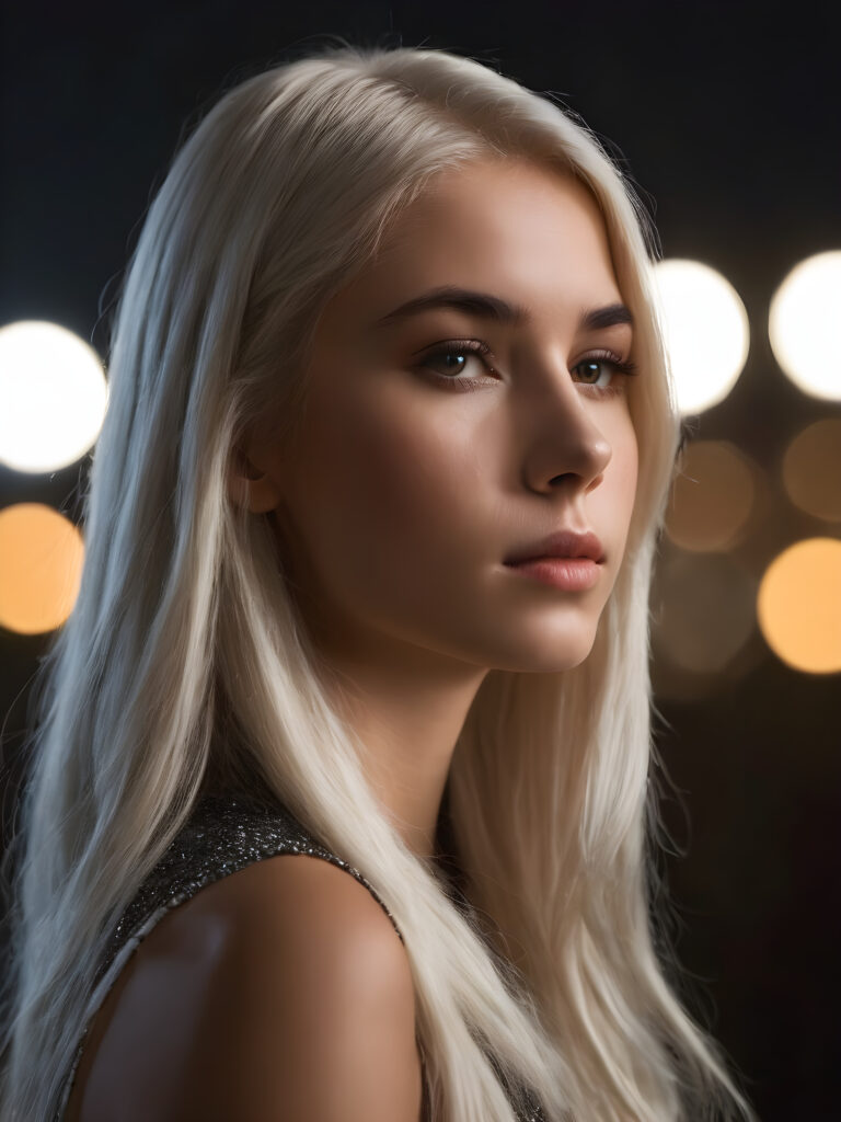 ((side view portrait)) a cute young woman, platinum straight hair, night, dim light falls on her face, dark background. cinematic light, perfect shadow