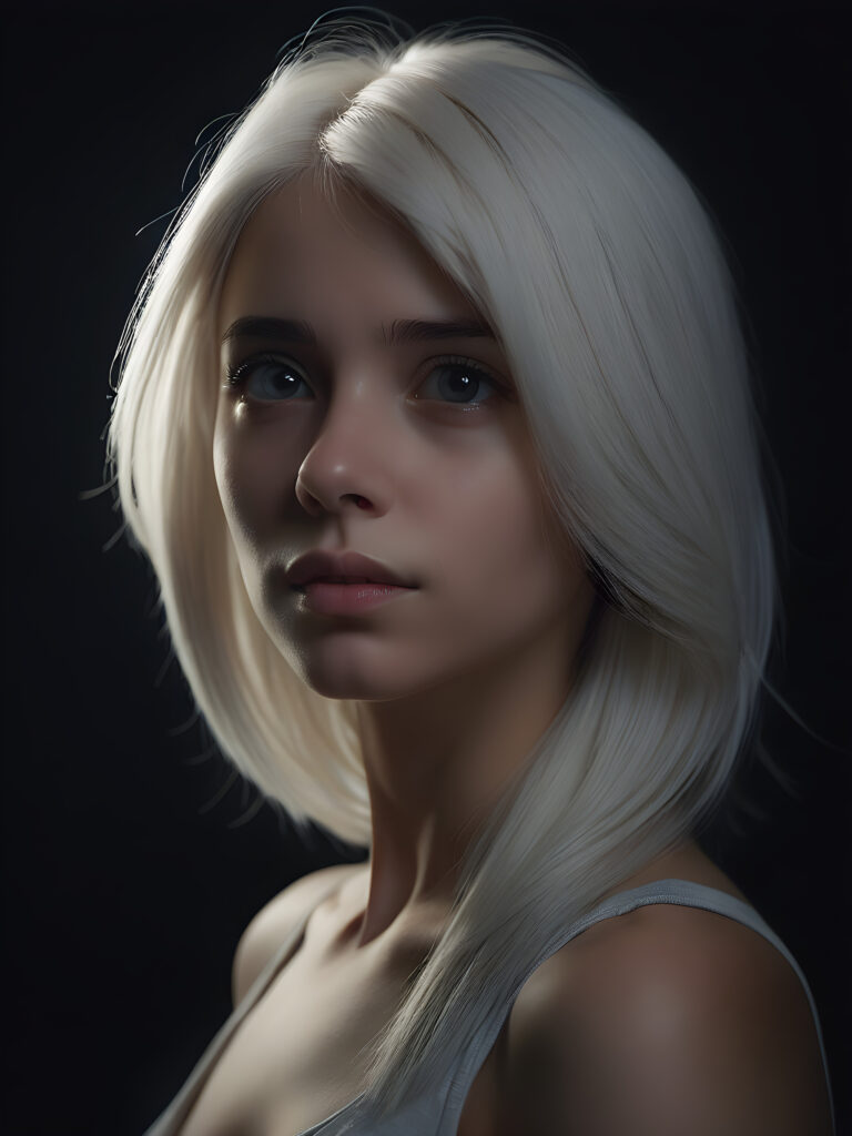 ((side view portrait)) a cute young woman, platinum white straight hair, night, looks at viewer and dim light falls on her face, dark background. cinematic light, perfect shadow