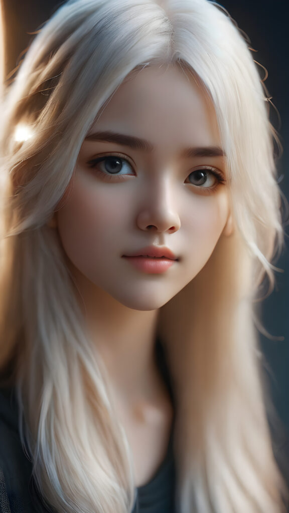 ((side view portrait)) a cute young woman, platinum white straight hair, night, looks at viewer and dim light falls on her face, dark background. cinematic light, perfect shadow