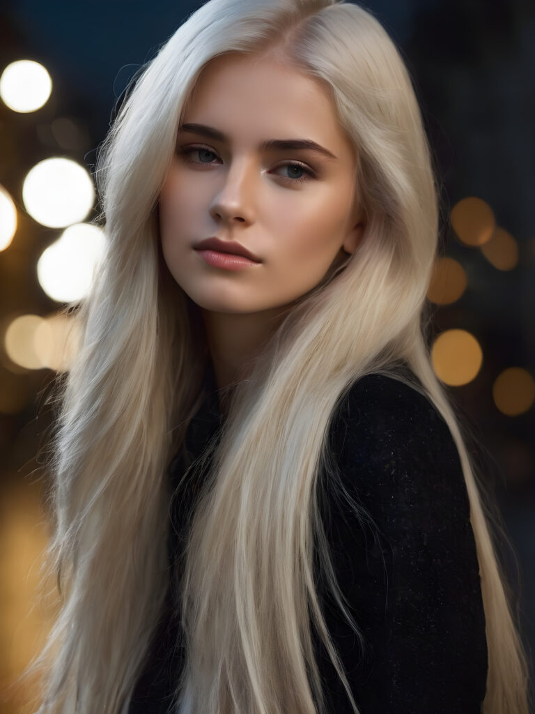 ((side view portrait)) a cute young woman, platinum straight hair, night, dim light falls on her face, dark background. cinematic light, perfect shadow