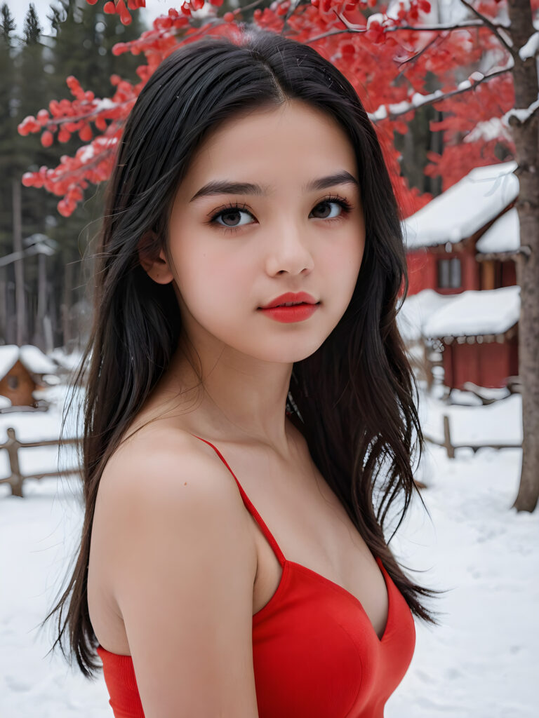 detailed, realistic upper body portrait: a 17 years teen girl with long soft black straight hair, black eyes, red bright full kissable lips, wearing a red mini crop top, side view, snow backdrop