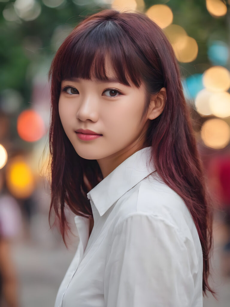cute 16 years old Malaysian teen girl, detailed hair, Korea styled bangs, white short shirt, perfect curved body, ultra realistic face, realistic amber eyes, detailed maroon straight hair, a stunning photo with beautiful saturation, ultra high resolution, deep shadow, (best quality, masterpiece), highly detailed, depth of field, film grain, looking at viewer, warm smile, (upper body), masterpiece, ultra realistic, extremely detailed CG unity 8k wallpaper, best quality
