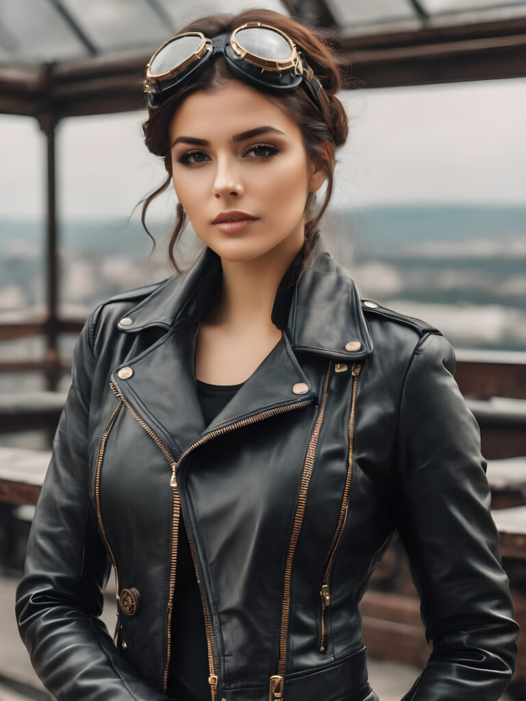 babe best quality, masterpiece, girl, ultra high resolution, photo realistic, detailed skin, (black short steampunk aviator leather jacket), lounging