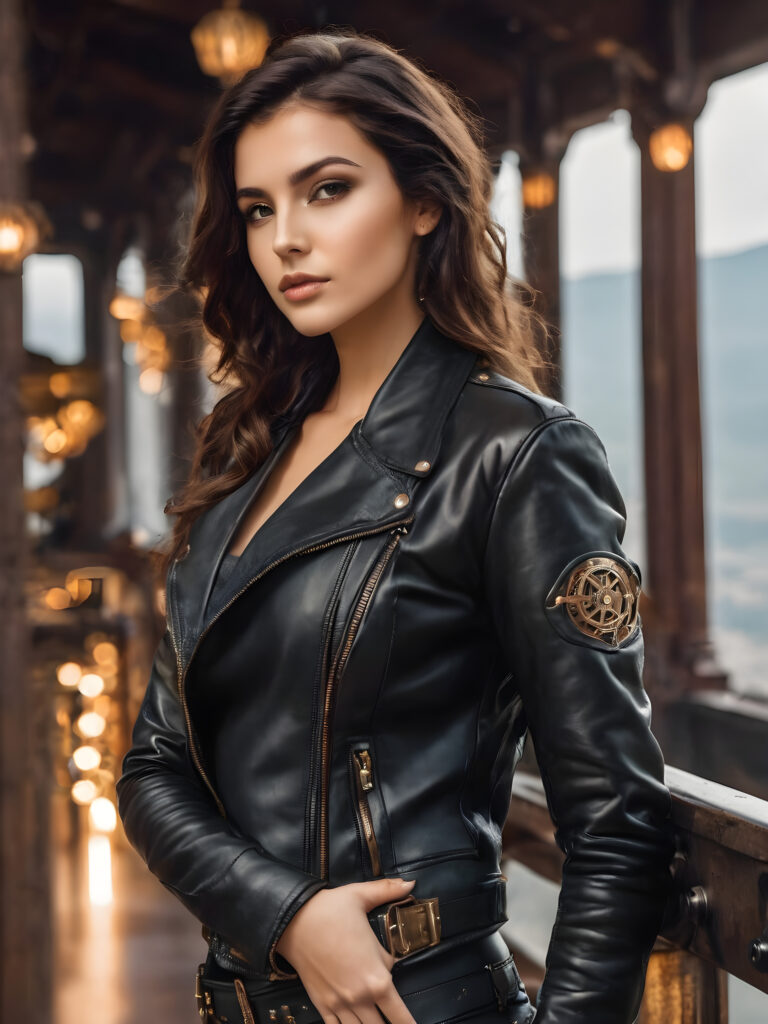 babe best quality, masterpiece, girl, ultra high resolution, photo realistic, detailed skin, (black short steampunk aviator leather jacket), lounging