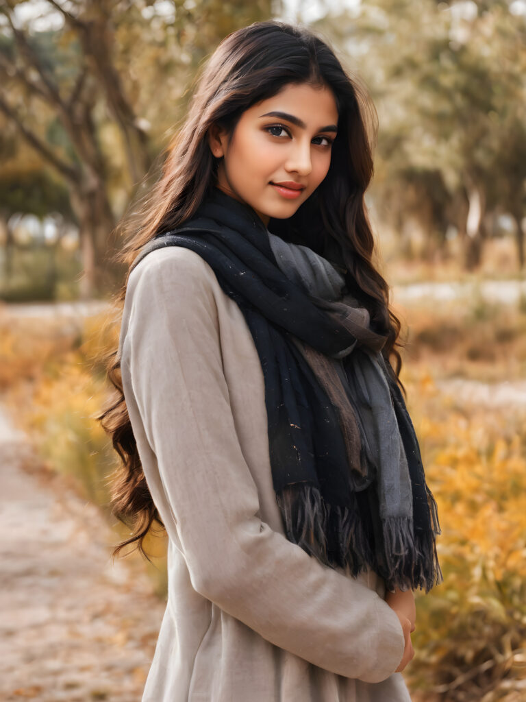 ((stunning)) ((gorgeous)) ((detailed and realistic portrait)) beautiful young Pakistani girl, 16 years old, wears a grey outfit, light brown skin tone, cute face, realistic black eyes, (long black hair), slim, short stature, smiling, wearing a scarf
