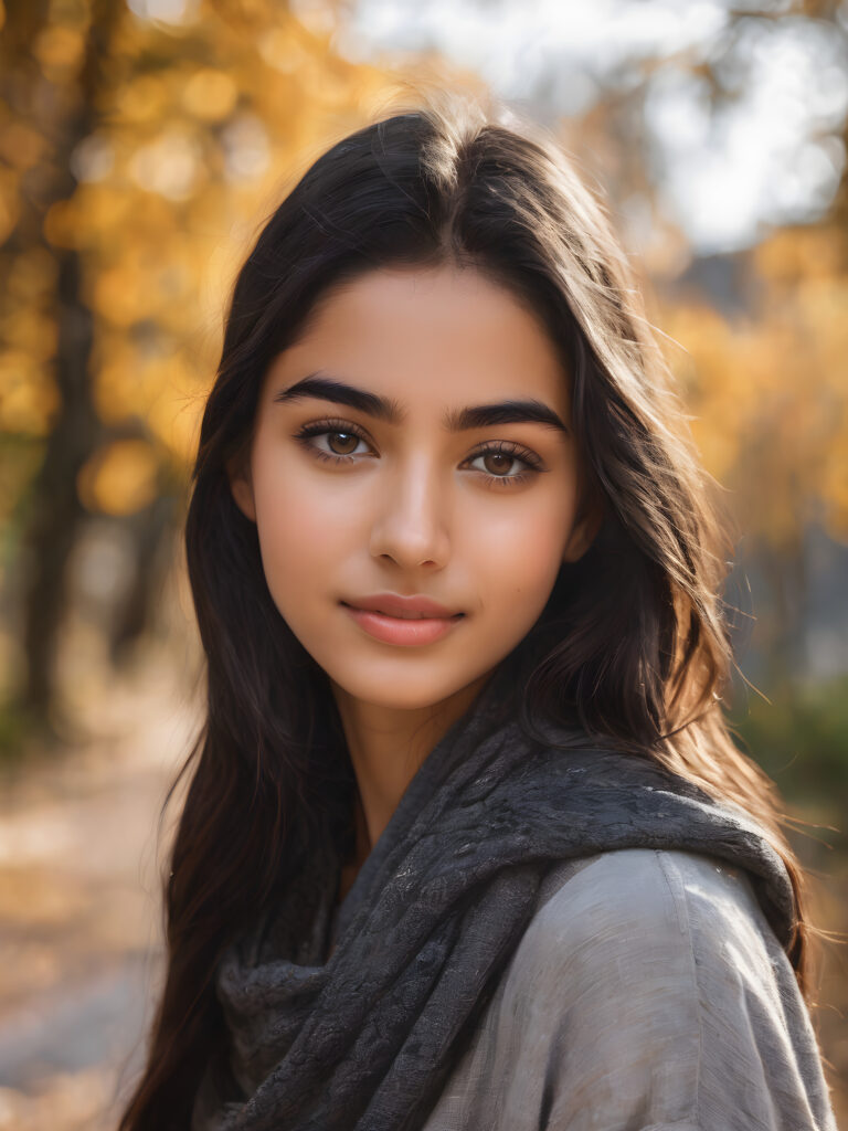((stunning)) ((gorgeous)) ((detailed and realistic portrait)) beautiful young Iranian girl, 16 years old, wears a grey outfit, light brown skin tone, cute face, realistic black eyes, (long black hair), slim, short stature, smiling, wearing a scarf