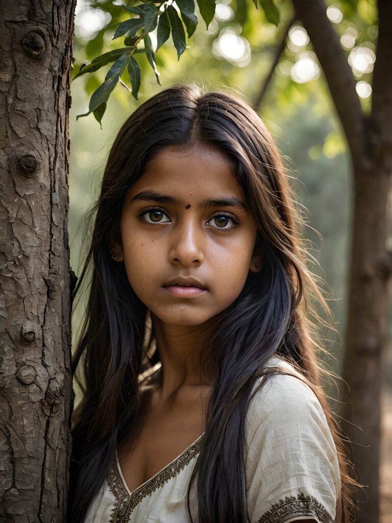 ((stunning)) ((gorgeous)) ((detailed portrait)) a young Indian girl stands in front of a tree and looks sadly at the viewer. She has long hair and deep black eyes.