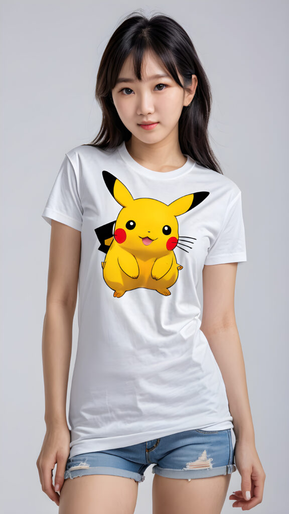 ((stunning)) ((gorgeous)) ((detailed, realistic portrait)) ((perfect curved body)) a young Asian teen girl with black hair ((wears a (((T-shirt with a Pikatchu))) on it)).