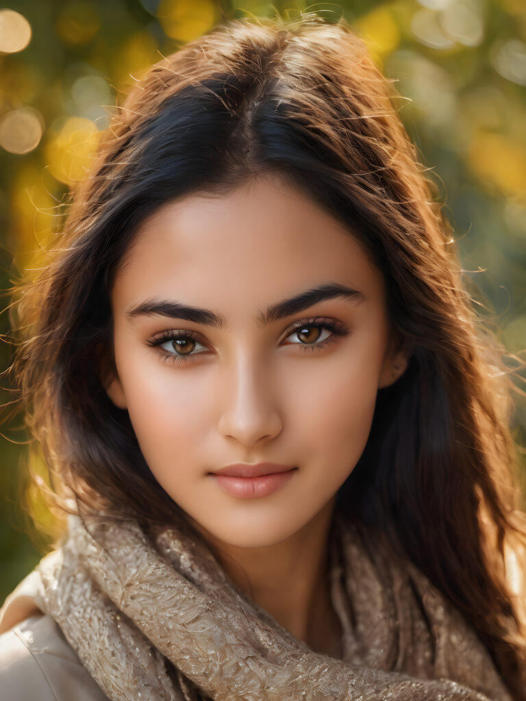 ((stunning)) ((gorgeous)) ((detailed and realistic portrait)) beautiful young Iranian girl, 16 years old, wears a grey outfit, light brown skin tone, cute face, realistic black eyes, (long black hair), slim, short stature, smiling, wearing a scarf