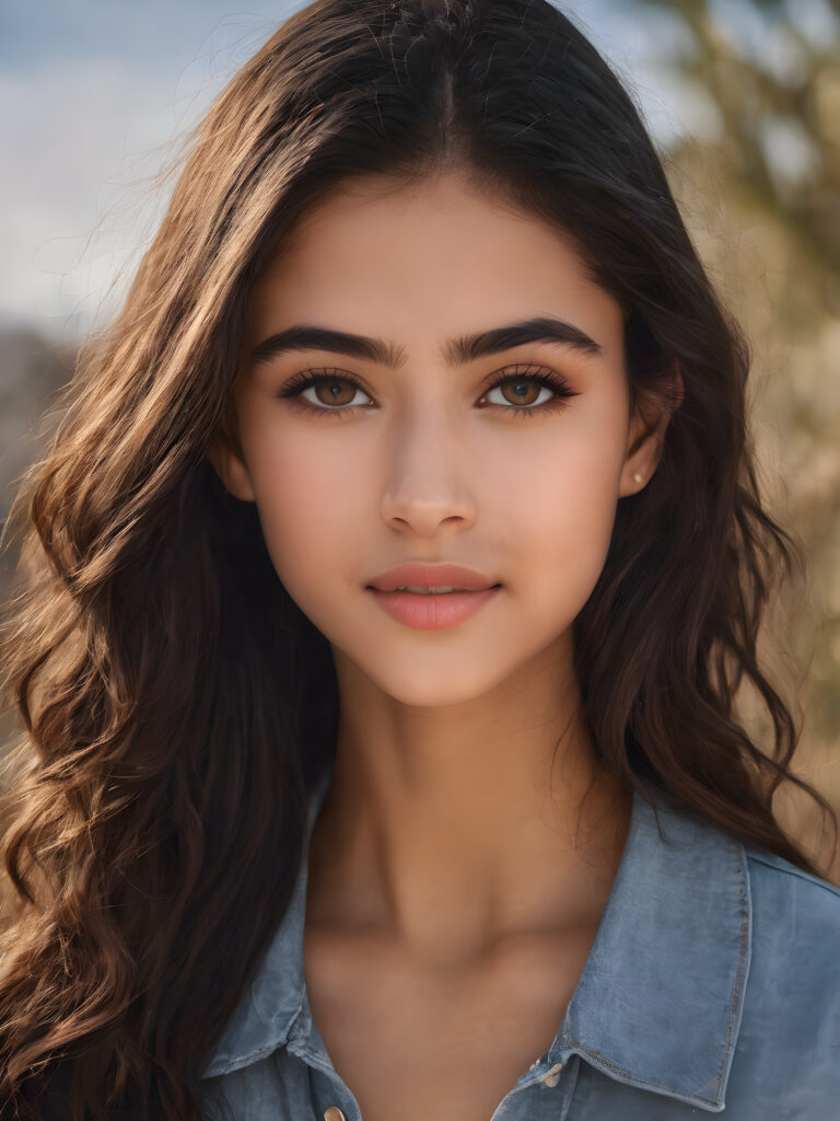 ((stunning)) ((gorgeous)) ((detailed and realistic portrait)) beautiful young Persian girl, 16 years old, wears a grey outfit, light brown skin tone, cute face, realistic black eyes, (long black hair), slim, short stature, smiling
