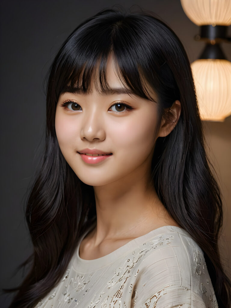 ((stunning)) ((gorgeous)) ((detailed portrait)) a young Korean teen girl. She has black long hair in Korean Style bangs, dark eyes, warm smile, very happy, side view, weak, dimmed light