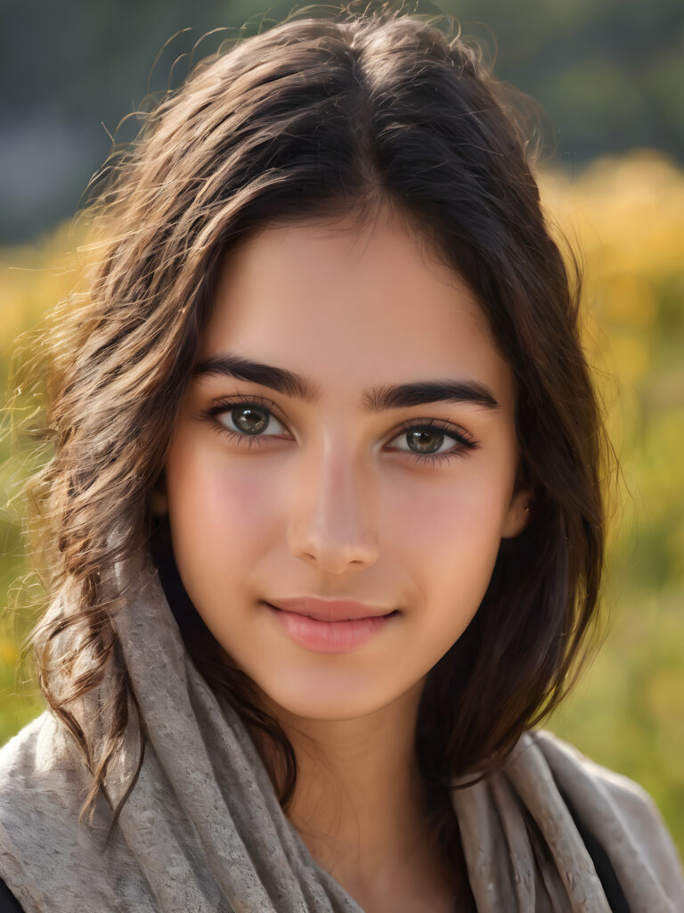 ((stunning)) ((gorgeous)) ((detailed and realistic portrait)) beautiful young Syrian girl, 16 years old, wears a grey outfit, light brown skin tone, cute face, realistic black eyes, (long black hair), slim, short stature, smiling, wearing a scarf