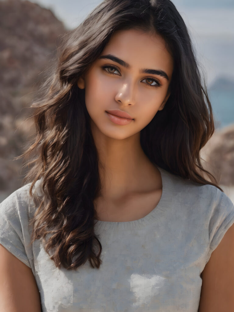 ((stunning)) ((gorgeous)) ((detailed and realistic portrait)) beautiful young Arab girl, 16 years old, wears a grey outfit, light brown skin tone, cute face, realistic black eyes, (long black hair), slim, short stature, smiling