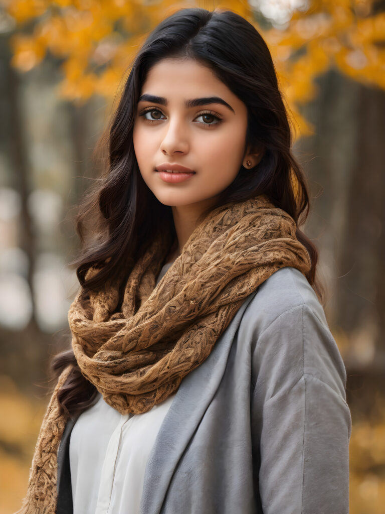 ((stunning)) ((gorgeous)) ((detailed and realistic portrait)) beautiful young Pakistani girl, 16 years old, wears a grey outfit, light brown skin tone, cute face, realistic black eyes, (long black hair), slim, short stature, smiling, wearing a scarf