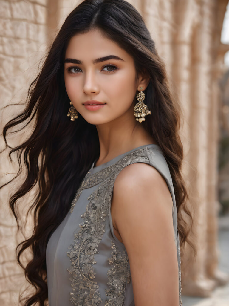 ((stunning)) ((gorgeous)) ((detailed and realistic portrait)) beautiful young Turkmenistan girl, 16 years old, wears a grey outfit, light brown skin tone, cute face, realistic black eyes, (long black hair), slim, short stature, smiling