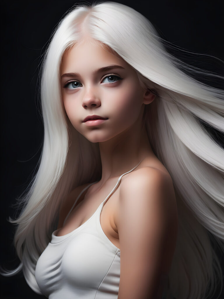 ((stunning)) ((gorgeous)) a beautiful teen girl, perfect portrait, perfect curved body, long straight platinum white hair, white silhouette, black background