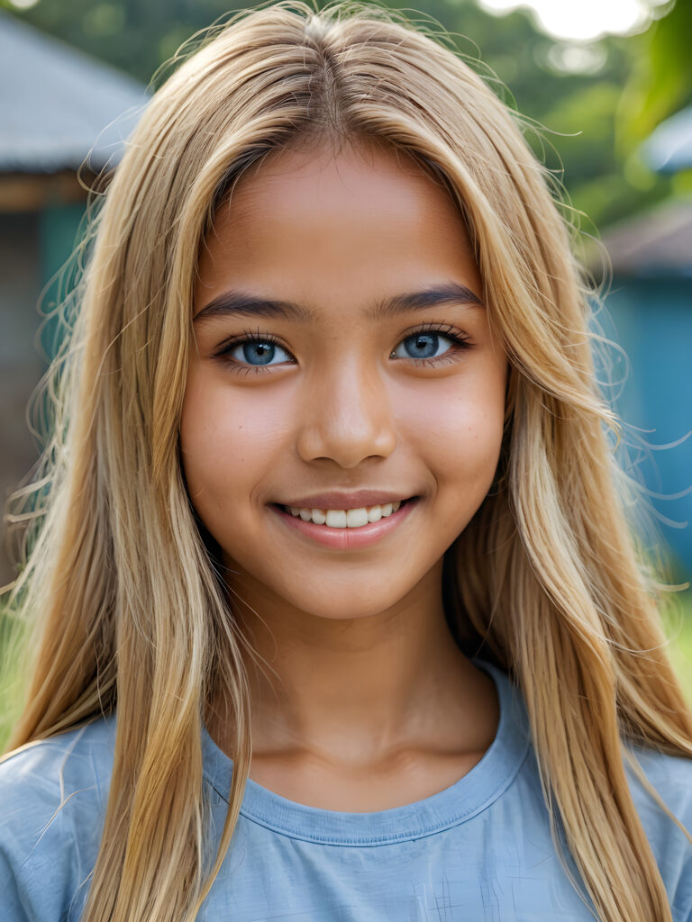 ((stunning)) ((gorgeous)) ((detailed portrait)) a young Indonesian teen girl stands in front the viewer. She has blond long hair and deep blue eyes, warm smile, very happy