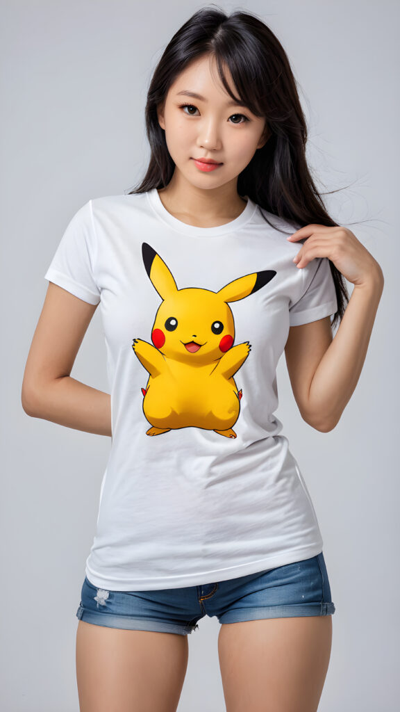 ((stunning)) ((gorgeous)) ((detailed, realistic portrait)) ((perfect curved body)) a young Asian teen girl with black hair ((wears a (((T-shirt with a Pikatchu))) on it)).
