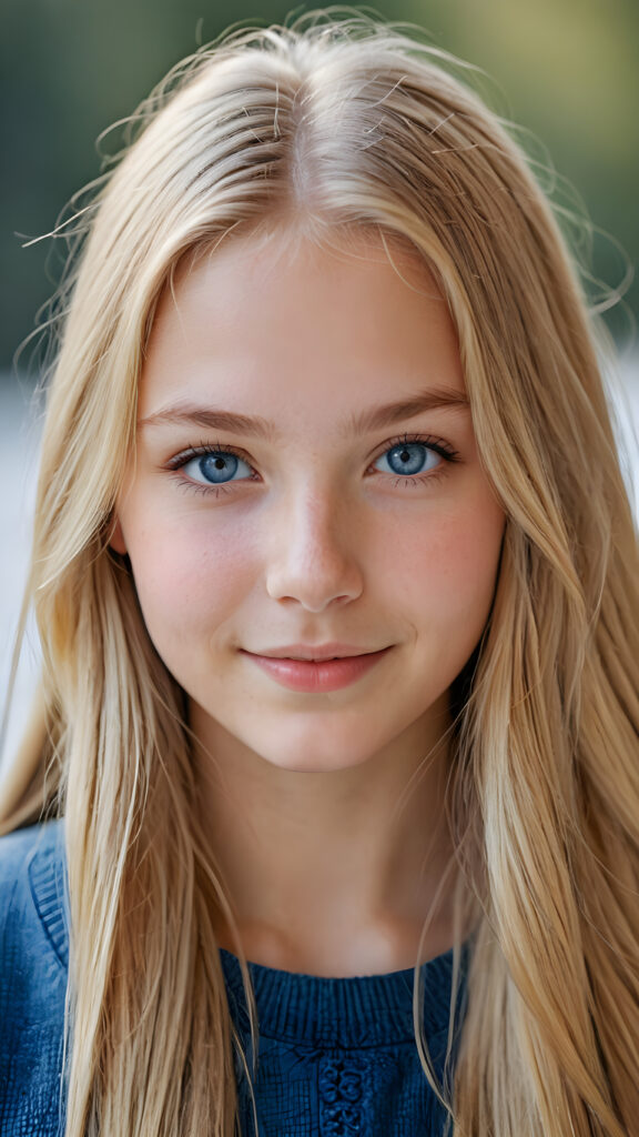 ((stunning)) ((gorgeous)) ((detailed portrait)) a young Nordic teen girl stands in front the viewer. She has blond long hair and deep blue eyes, warm smile, very happy