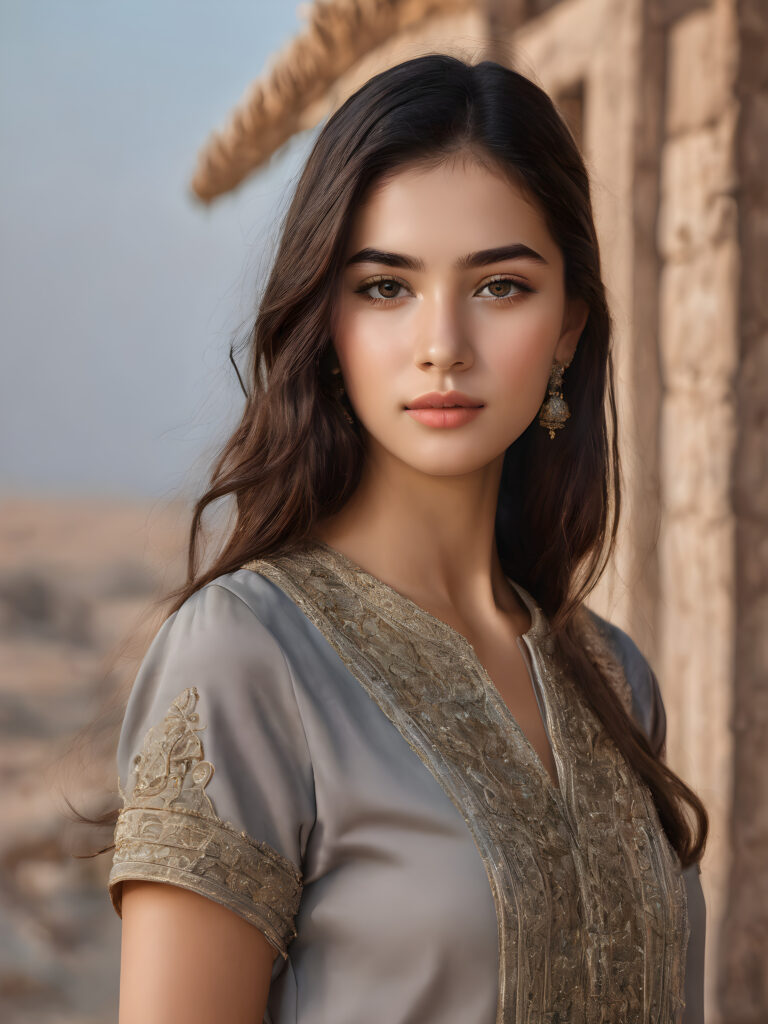 ((stunning)) ((gorgeous)) ((detailed and realistic portrait)) beautiful young Turkmenistan girl, 16 years old, wears a grey outfit, light brown skin tone, cute face, realistic black eyes, (long black hair), slim, short stature, smiling