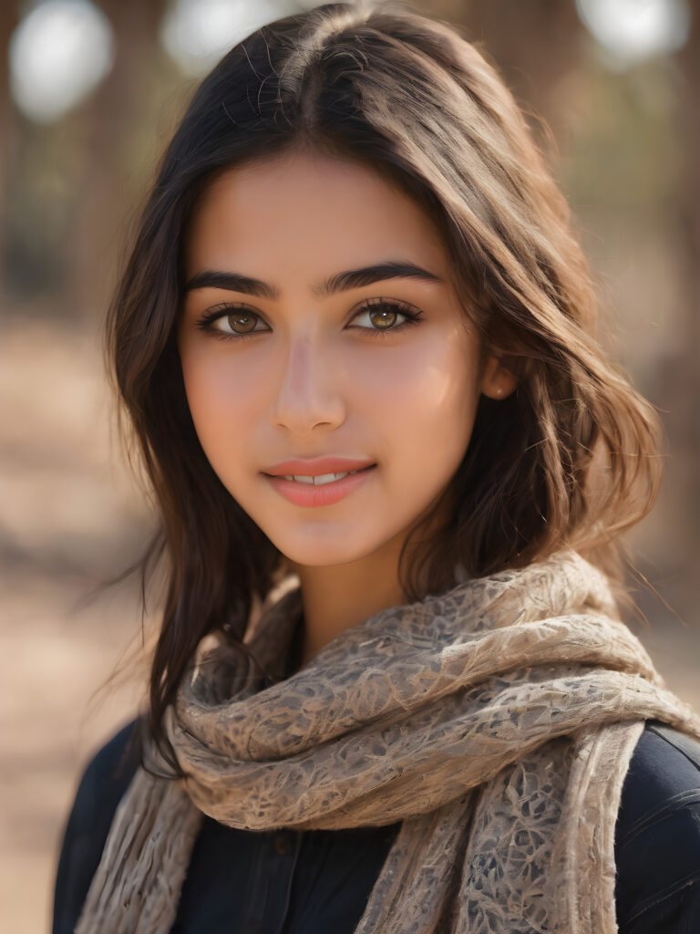 ((stunning)) ((gorgeous)) ((detailed and realistic portrait)) beautiful young Iraqi girl, 16 years old, wears a grey outfit, light brown skin tone, cute face, realistic black eyes, (long black hair), slim, short stature, smiling, wearing a scarf